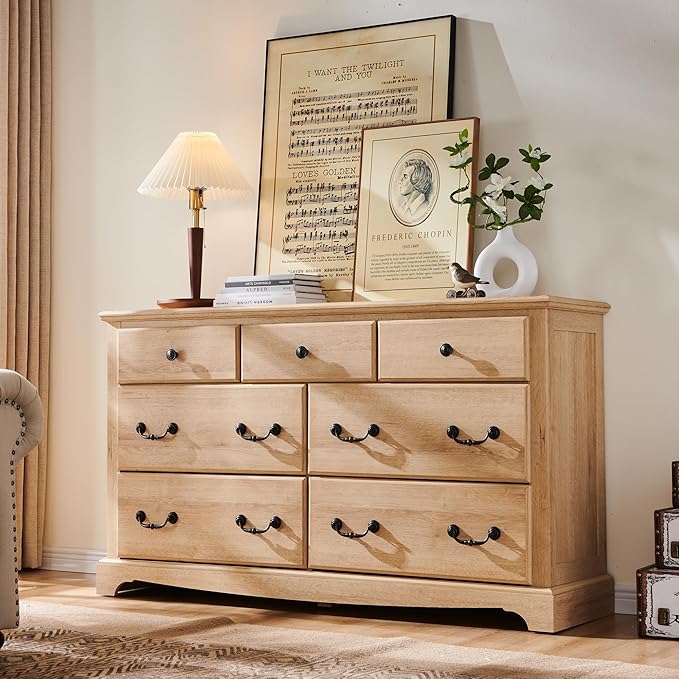 T4TREAM 7 Drawers Dresser Chests for Bedroom, Wood Vintage Chests of Drawers, Rustic Dressers Chset Organizer for Bedroom, Living Room, Hallway, Natural Oak-Ruum Studio Home