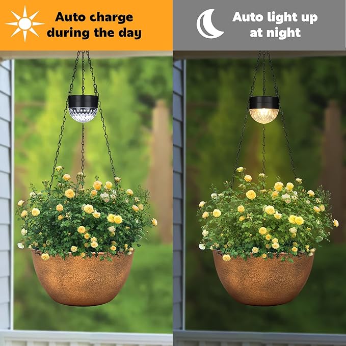 2 Packs Hanging Planters Basket for Outdoor Plants, Solar Powered Self Watering Bronze Round Plastic Flower Pots with Drainer for Balcony Patio Garden Outdoor Decoration-Ruum Studio Home