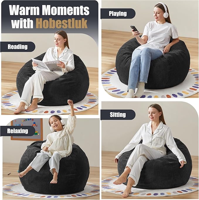 Hobestluk 3.5FT Bean Bag Chair Adult Bean Bag Chair Large Bean Bag Chair with Filler Included Teardrop Bean Bag with Removable Cover for Bedroom Living Room - (Large, Black)-Ruum Studio Home