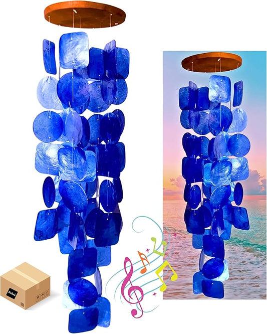 Bellaa 27918 Wind Chimes Outdoor, Garden Decorations, Musical, Indoor/Outside Windchimes, Beach, Ocean Breeze, Gifts for Mom, Gift for All Occasions, Capiz Sea Glass Shells Wood Blue 27 inch-Ruum Studio Home