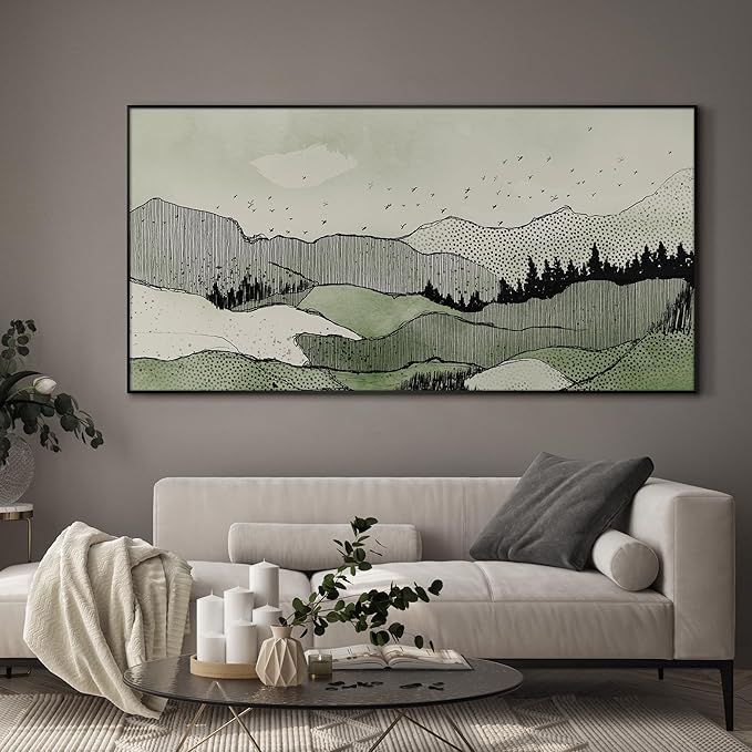 SIGNWIN 36"x72" Extra Large Framed Wall Art Green Line Art Mountain Landscape Illustration for Home Living Room Bedroom Decor (Frame Assembly Required)-Ruum Studio Home