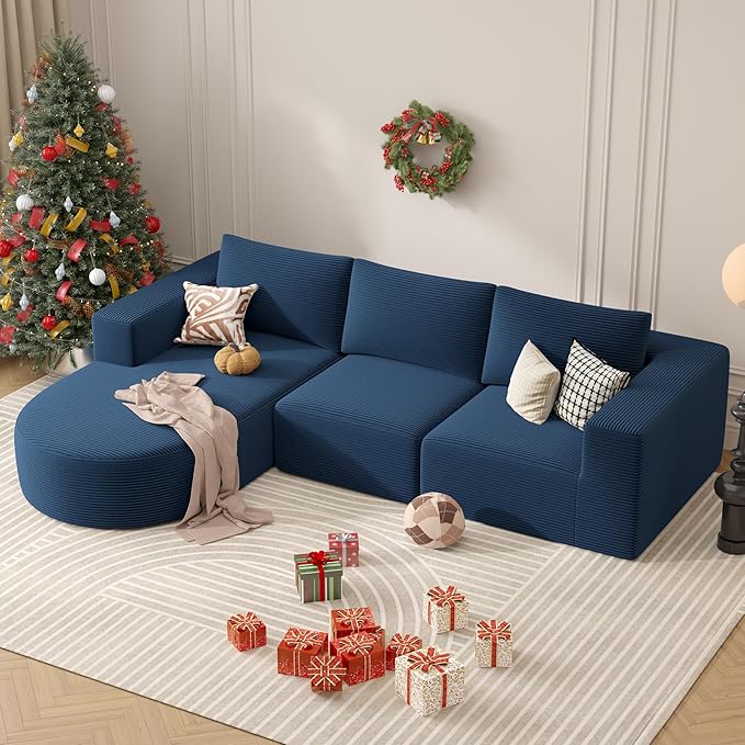 Modular Sectional Sofa with L-Shape Chaise,Cloud Sectional Modern Sleeper Couch with Deep Seat,Sponge Compression Sofas No Assembly Required (Blue-Corduroy Fabric) 1PCS-Ruum Studio Home