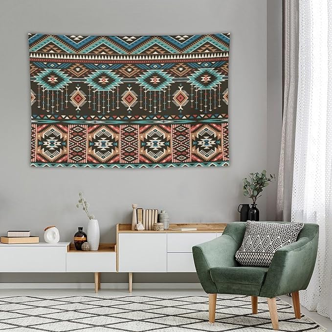 HZOHNAGO Aztec Tapestry Turquoise Blue and Brown and Native American Tribal Pattern Printed Wall Tapestry Wall Hanging for Bedroom Living Room Dorm 90" W x 60" H-Ruum Studio Home