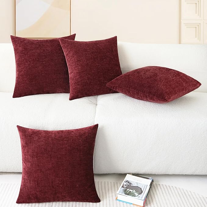 CaliTime Throw Pillow Covers Decorative 18 X 18 Inches Pack of 4 Cozy Chenille Cushion Cases for Couch Sofa Bed Living Room Home Burgundy-Ruum Studio Home