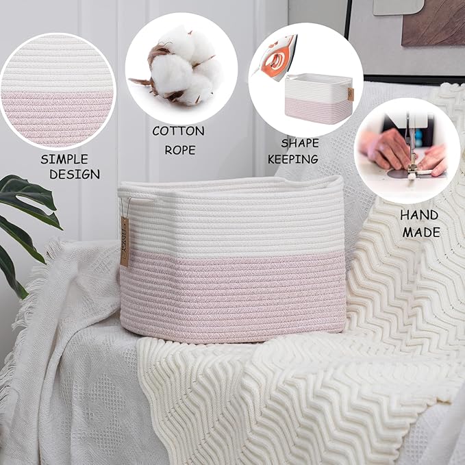 COMFY-HOMI 3PACK Cotton Rope Square baske with Handles for Shelves|Dog Toy baske Bin and Storage|Baby baske for Gift|Shoe baske for Organizing|13.5" x 11" x 9.5" for Living Room（White/Pink）-Ruum Studio Home