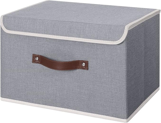 ANMINY Storage Bin with Lid Storage Boxes with PU Leather Handles PP Plastic Board Decorative Foldable Lidded Cotton Linen Fabric Home Cubes Baskets Closet Organizer Container - Gray, Large Size-Ruum Studio Home