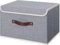 ANMINY Storage Bin with Lid Storage Boxes with PU Leather Handles PP Plastic Board Decorative Foldable Lidded Cotton Linen Fabric Home Cubes Baskets Closet Organizer Container - Gray, Large Size-Ruum Studio Home