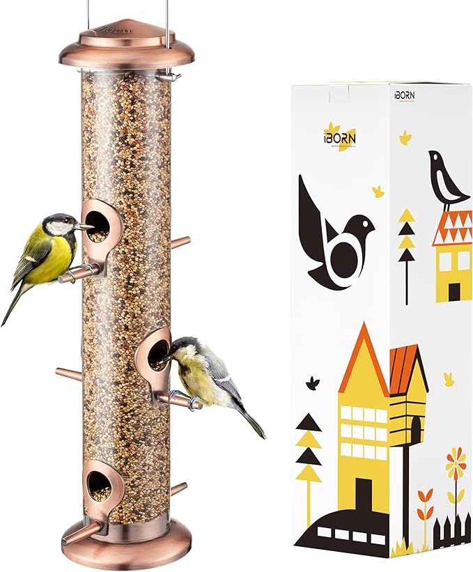 iBorn Metal Bird Feeders Brushed Copper Wild Bird Feeder for Outdoors Hanging All Metal Brushed Copper Finishing 14 Inch 6 Port(Seed is not Included)-Ruum Studio Home