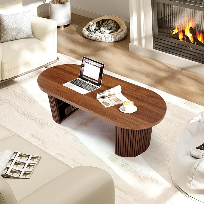 Oval Fluted Coffee Table, 47" Farmhouse Wood Coffee Table Mid Century Modern Center Table Boho Living Room Tables for Living Room Office,Walnut-Ruum Studio Home