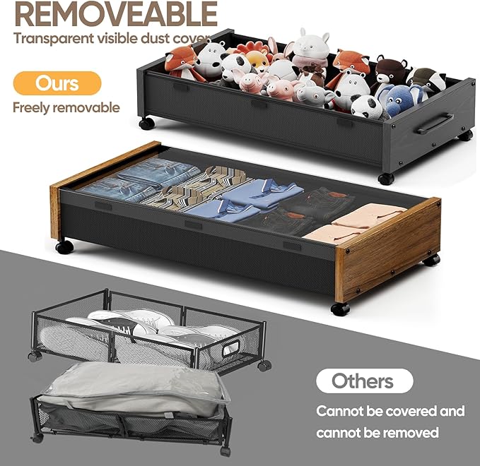 Wooden Under Bed Storage with Wheels, 80L Extra-large Rolling Under the Bed Storage Bins 2 Pack with Removable Lid, Upgrade Metal Under Bed Drawers for Clothes Shoes Blankets in Bedroom-Ruum Studio Home