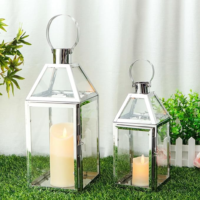 TRIROCKS Set of 2 Stainless Steel Decorative Lanterns 13"&10" H Metal Candle Holders with Tempered Glass for Home Decor Living Room Parties Events Tabletop Indoors Outdoors(Silver)-Ruum Studio Home