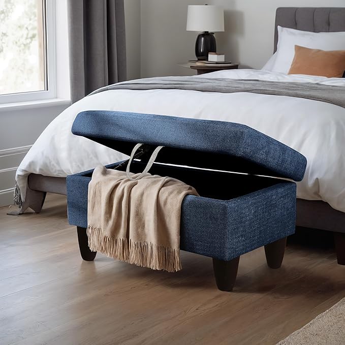 Ottoman Rectangular Storage Ottoman Bench, Flannel Footrest Stool Footstool with Lid for Living Room, Bedroom, Entryway, Blue, 28.5"x19"x17.5"-Ruum Studio Home
