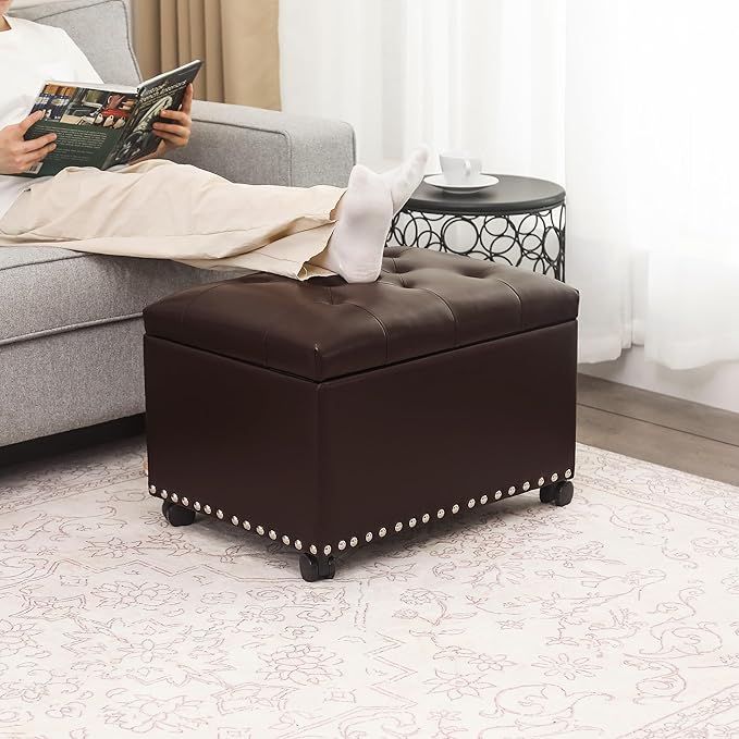 Joveco Leather Storage Ottoman with 360° Wheels 24" Rolling Foot Rest Bench Rectangle Ottomans Stool for Living Room Bedroom (Brown, Wheels)-Ruum Studio Home