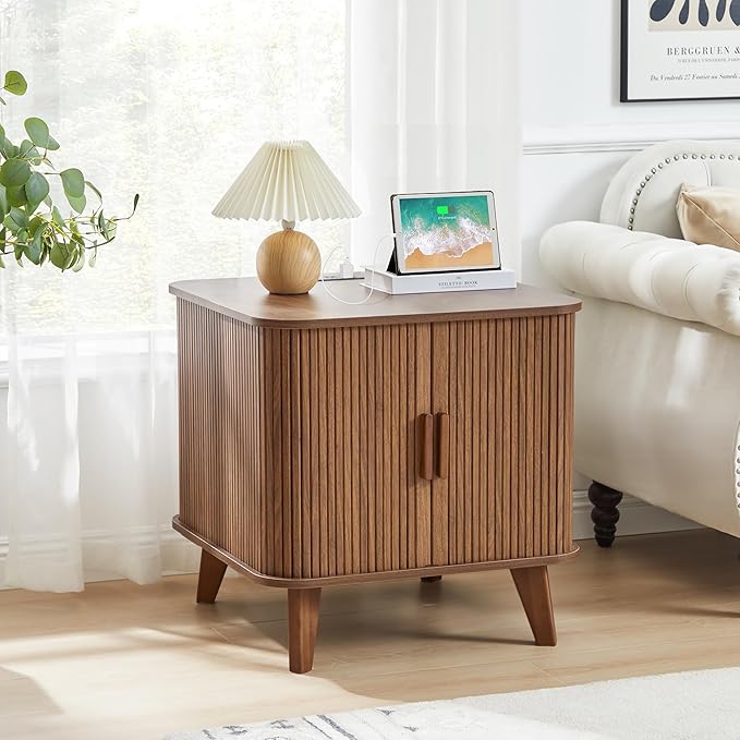 AVZEAR 24" Large Square End Table with Charging Station, Farmhouse Fluted Sofa Side Table with Sliding Tambour Door & Storage, Curved Rustic Wood Nightstand for Living Room, Bedroom, Walnut-Ruum Studio Home