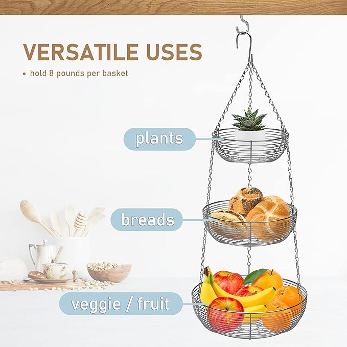 CAXXA 3-Tier Hanging Basket Fruit Organizer Kitchen Heavy Duty Wire Organizer with 2 Free Bonus Metal Ceiling Hooks, Chrome-Ruum Studio Home