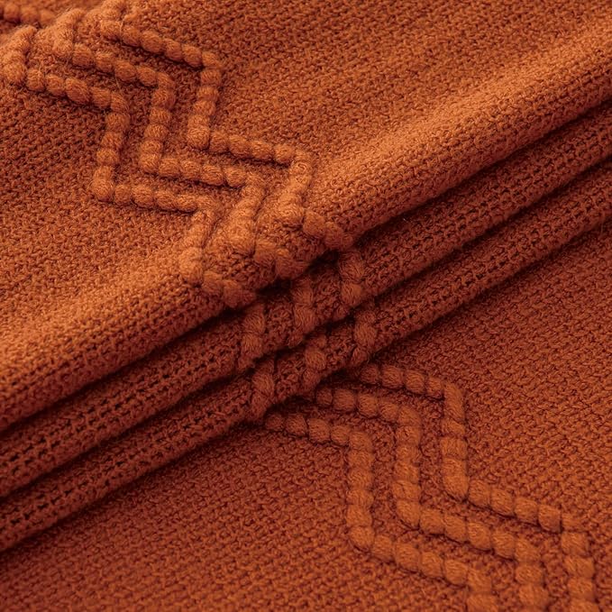 MIULEE Fall Rust Knitted Throw Blanket for Couch Boho Terracotta Textured Cozy Woven Blanket with Tassels for Sofa Chair Bed Living Room Acrylic Wave Pattern 60"x80"-Ruum Studio Home