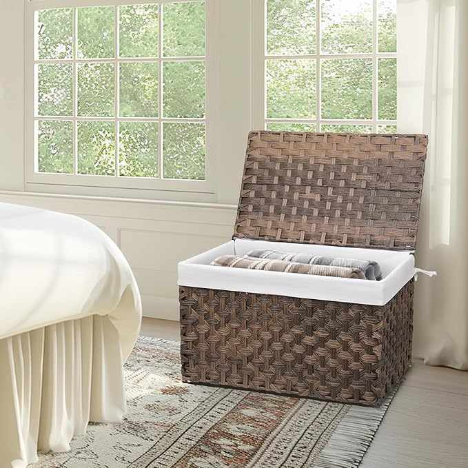 Wicker Storage Basket with Lid, 42.3 Gallon (160L) Large Blanket Basket with Lid, Woven Storage Bin with Handles, Removable Liner, Metal Frame, Foldable, for Bedroom, Laundry Room, Brown-Ruum Studio Home