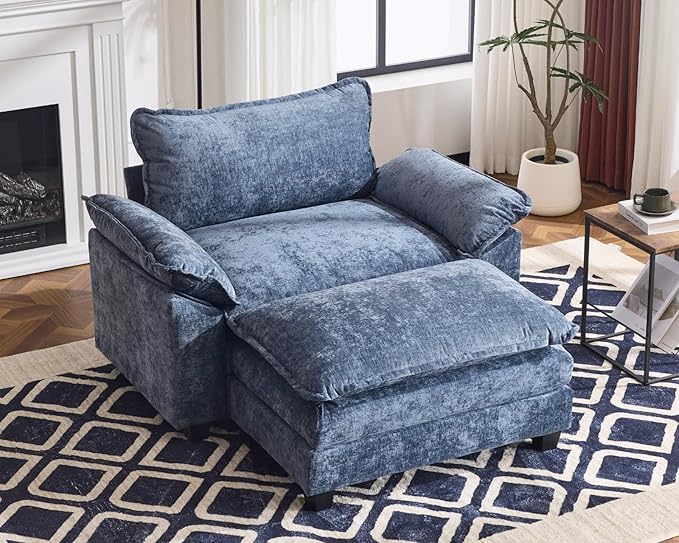 Karl home Oversized Accent Chair Chenille Sofa with Chaise, Modern Sofa Chair with Removable Ottoman Modular 1-Seater Couch and 2-Layer Ottoman for Living Room, Apartment, Studio, Dusty-Blue-Ruum Studio Home