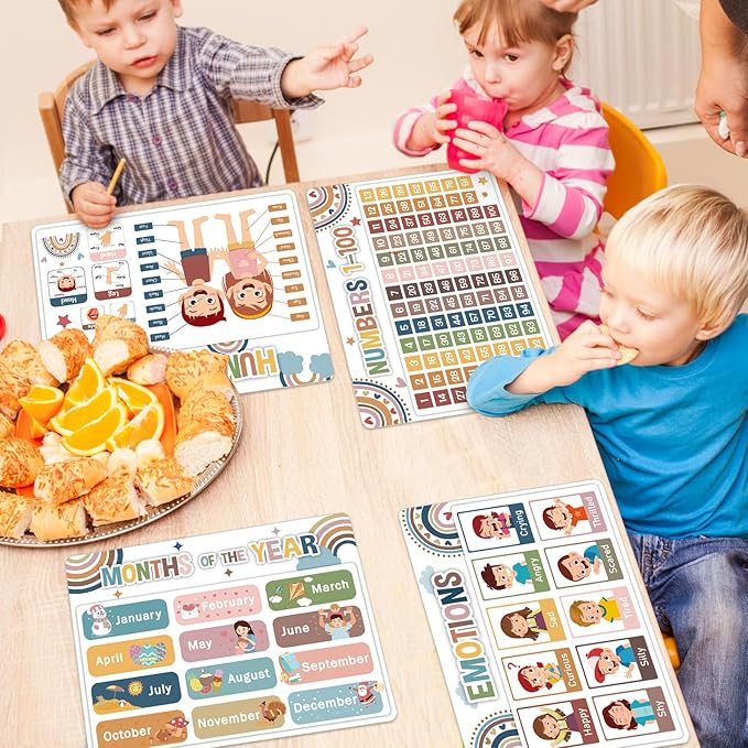 Educational Preschool Kids Placemats Set of 6 Boho Toddler Montessori Plastic Table Mats Non Slip Reusable Kids Place Mats Washable Table Decoration for Indoor Outdoor Party Kitchen Dining-Ruum Studio Home