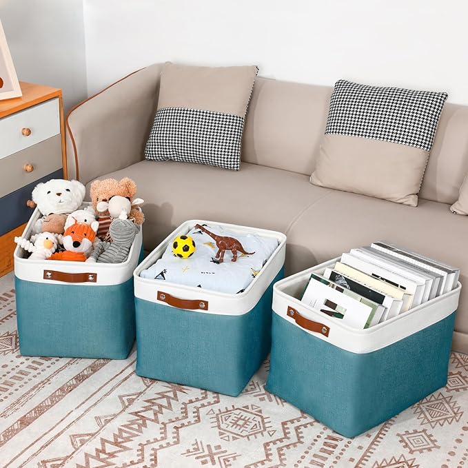 DULLEMELO Large Storage Basket, Collapsible Storage Bins Decorative Storage Baskets for Home Shelves Bedroom, Linen Fabric Basket with Leather Handles for Toys Books Organizing(White&Teal-Ruum Studio Home