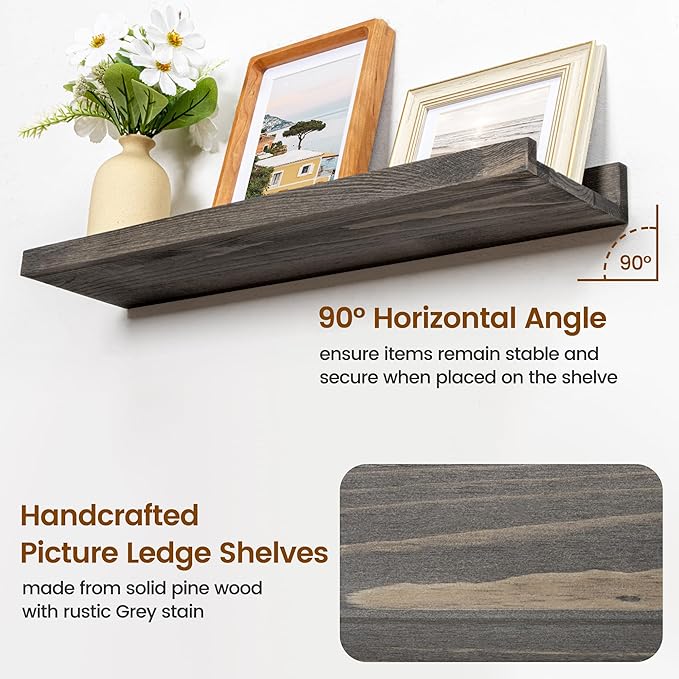 Picture Ledge Wall Shelves 48 Inches Width Set of 3, Solid Pine Wood Rustic Floating Ledge for Kids' Room Bedroom Kitchen Bathroom, Long Floating Shelves for Wall Decor, Grey-Ruum Studio Home