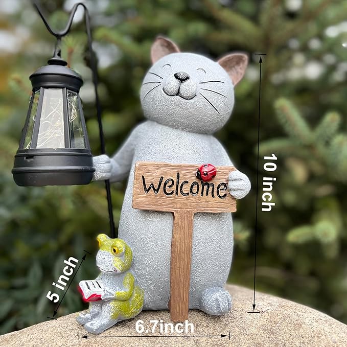 Cat Garden Statue with Solar Lantern: Cat Outdoor Figurine Decorations -Solar Garden Statue Decor for Patio,Balcony,Yard, Lawn - Gift for Mom, Grandma,Women, Housewarming,Birthday-Ruum Studio Home