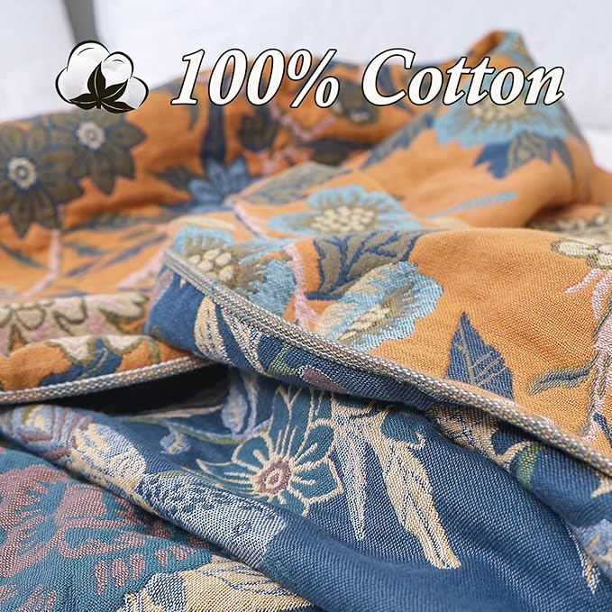 Snycler Boho Throw Blanket for Bed - 100% Cotton Ultra Soft Rustic Quilt Blanket Orange Bird Floral Printed Farmhouse Decor Bed Blankets, 60"×80" All Season Rustic Throw for Sofa Couch Chair-Ruum Studio Home