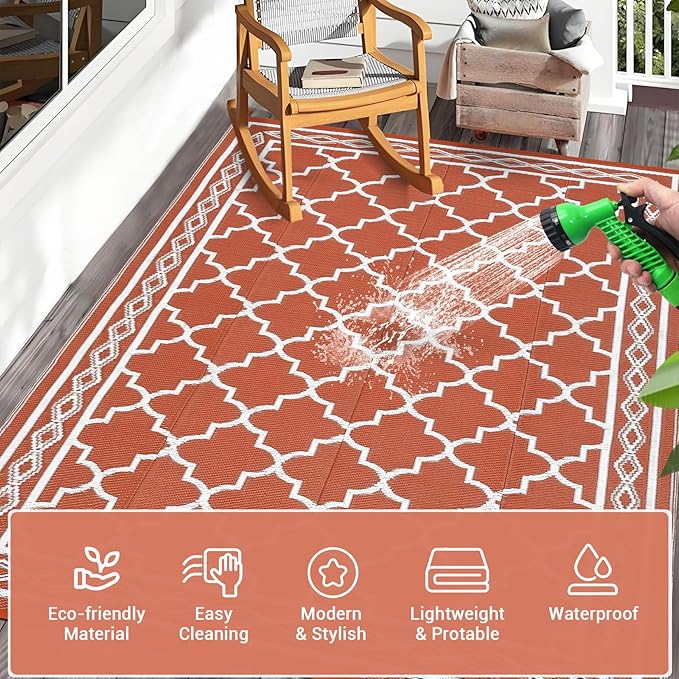 GAOMON Outdoor Rug Waterproof 8'x10', Reversible Outdoor Plastic Straw Rug, Boho Patio Rug, Indoor Outdoor Carpet, RV Mat Outside for Patio, Camp, Picnic, Balcony, Deck, Orange/White(Geometric)-Ruum Studio Home