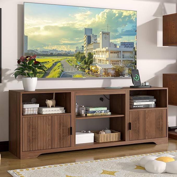 Fluted TV Stand for Tvs up to 80",Mid Century Modern TV Stand with Open Adjustable Shelf,Entertainment Center Wood TV Media Console with Cord Holes,TV Stand for Living Room Furniture Bedroom,Walnut-Ruum Studio Home