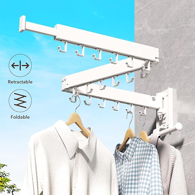 Clothes Drying Rack,Laundry Drying Rack Wall Mount, Wall Mounted Clothes Rack,Retractable,Collapsible(Tri-Fold),Drying Rack Clothing,can Fold Upward & Left & Right,Space Saver, White Color-Ruum Studio Home