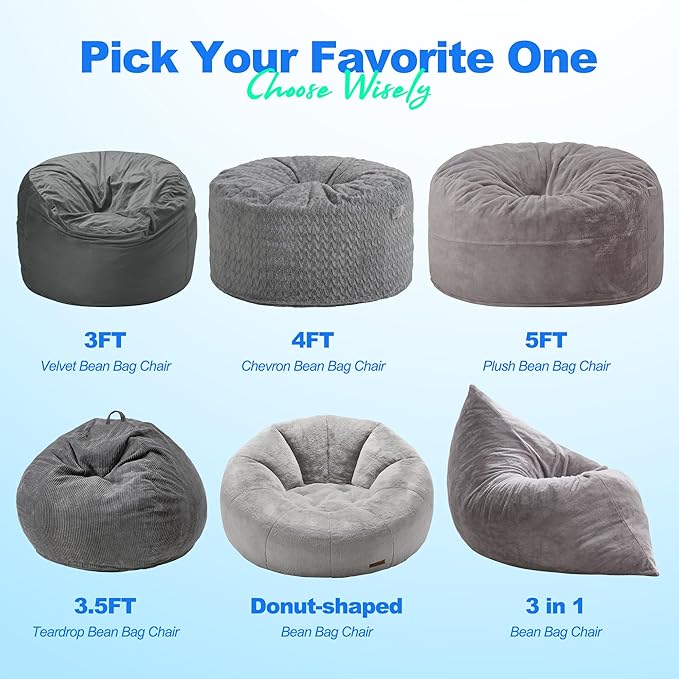 Hobestluk 3 in 1 Bean Bag Chair Giant Bean Bag Chairs for Adults with Chevron Plush Fur Cover Convertible Bean Bag Floor Cushion with Machine Washable Cover for Living Room (Plush Grey)-Ruum Studio Home