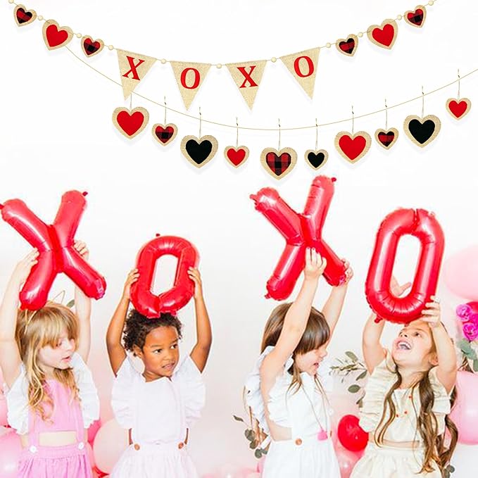 Valentine’s Day Party Decorations Felt XOXO Sign Triangle Pennant Banner Flag Buffalo Plaid Red Black Heart Burlap Garland with Wood Beaded for Wedding Birthday Valentine’s Day Party Supplies-Ruum Studio Home