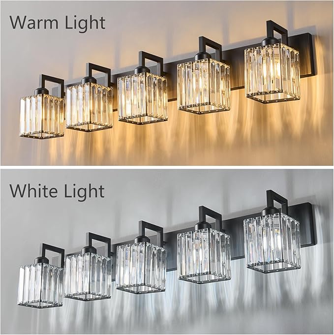 Modern Crystal Bathroom Vanity Light - 5-Lights Black Modern Crystal Wall Lamp for Bathroom Vanity Lighting-Ruum Studio Home