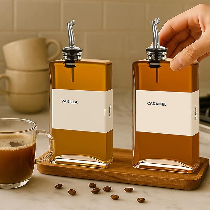 Olive Oil Dispenser Bottle - Includes 44 Kitchen Essential Labels - Cooking Oil Bottles for Kitchen, Coffee Syrup Dispenser - Pourer Spout with 11.8 fl oz Glass Container Cruet - 4pcs Silver-Ruum Studio Home