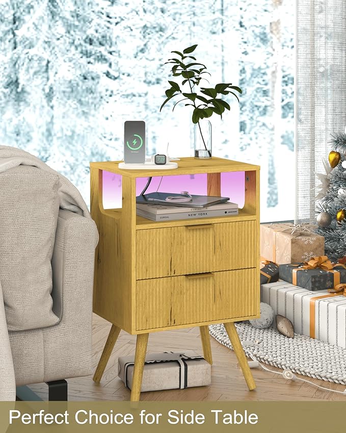 Nightstand with Charging Station and LED Lights,Modern Bedside Table with 2 Storage Drawer and Open Wood Shelf, for Bedroom and Small Spaces,Night Stand with Solid Wood Legs (Yellow Oak)-Ruum Studio Home