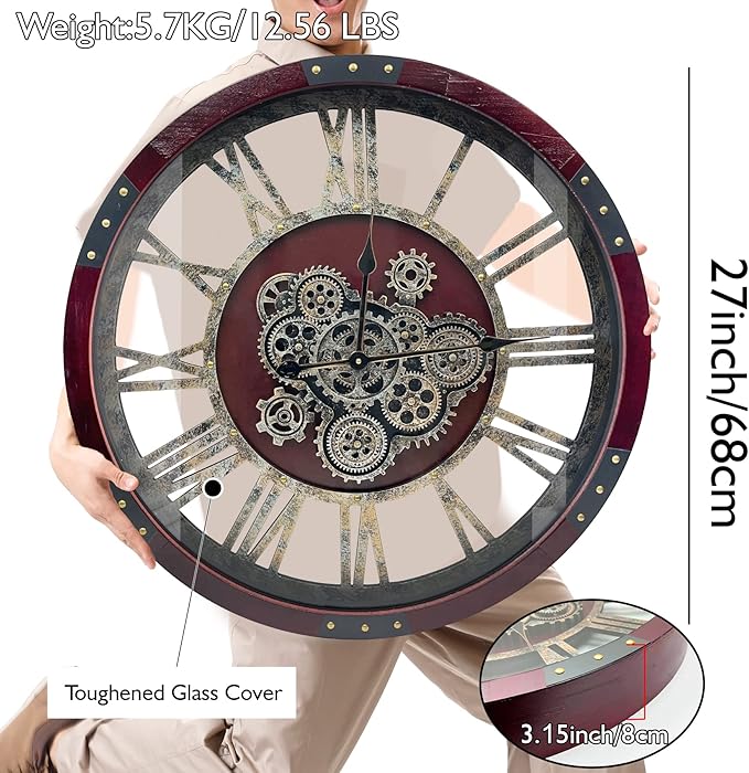DORBOKER 27" Original Moving Gears Wall Clock, Large Industrial Wall Clock for Living Room Decor, Retro Metal Solid Wood Vintage Farmhouse Steampunk Rustic Clocks for Wall Decor,Cherry Red-Ruum Studio Home
