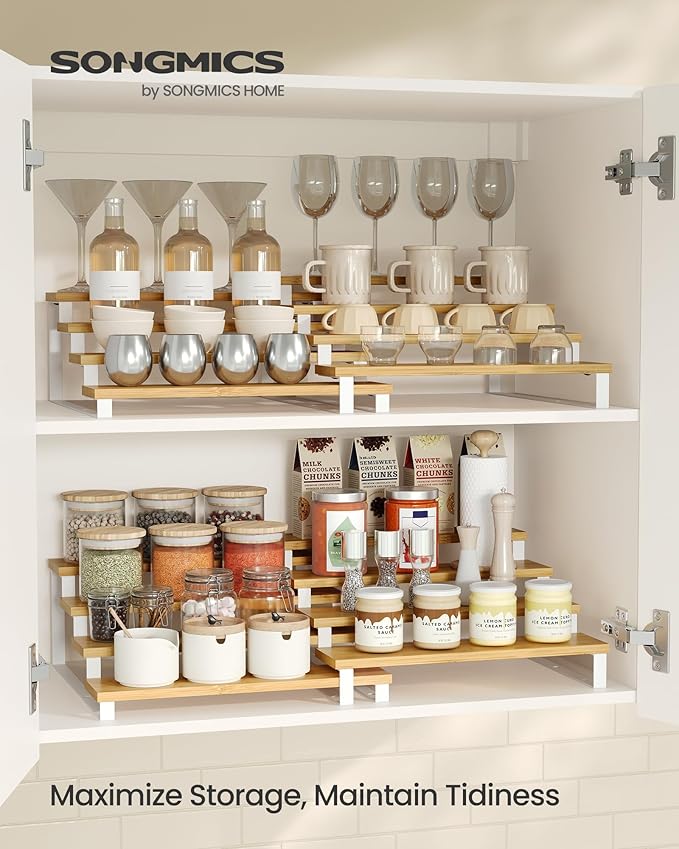 SONGMICS Display Risers, Set of 2 Engineered Wood Perfume Organizer Stand, 4-Tier Cupcake Stand Holder, Spice Rack, Shelf Risers for Figures, Dessert Shelves, Natural Beige and Cloud White UKCS216N02-Ruum Studio Home