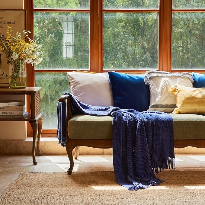 lifein Throw Blanket for Couch, Soft Boho Decor Bed Throw,Cozy Blue Chenille Knitted Small Farmhouse Lightweight Throw for Spring(Blue,50 * 60")-Ruum Studio Home