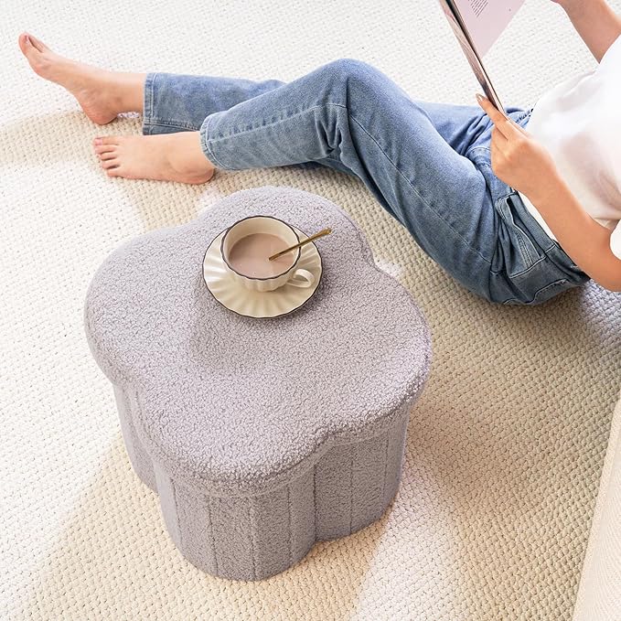 B FSOBEIIALEO Storage Ottoman Cube, Flowers Shaped Ottomans with Storage Foot Stool Footrest, Boucle Ottoman Seat for Dorm Room, Faux Teddy Fur, Grey 15"x15"x15"-Ruum Studio Home