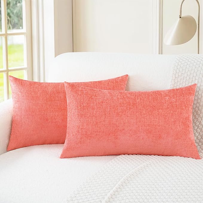 CaliTime Throw Pillow Covers Decorative 12 X 20 Inches Pack of 2 Cozy Chenille Cushion Cases for Couch Sofa Bed Living Room Home Living Coral-Ruum Studio Home