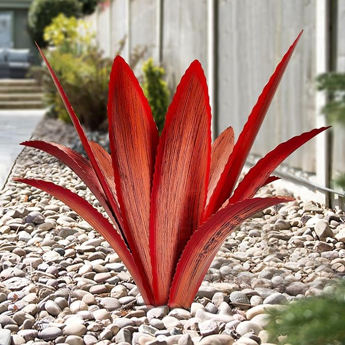 TOMBABY Enlarge Thickened Wind Resistant Metal Agave Garden Art Metal Plant Country Garden Sculpture Statue Outdoor Decoration Agave Metal Plant Courtyard Garden Lawn Ornament Gift (2, 12 Leaves red)-Ruum Studio Home