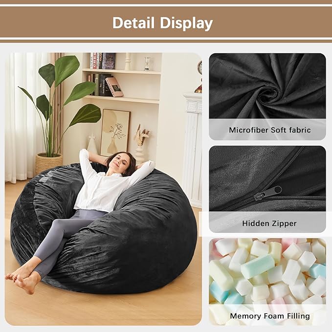 Bean Bag Chairs for Adults - Memory Foam Furniture BeanBag Chair - Kids/Teens Sofa with Soft Micro Fiber Cover - Round Fluffy Couch for Living Room Bedroom College Dorm - 5 ft, Carbon Black-Ruum Studio Home