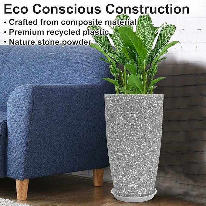 Tall Flower Pot Indoor - Outdoor Plant Pot - Gray Rough Planter - Elegant Stone Imitation - 12" Diameter 21" Tall with Drainage Holes and Saucer-Ruum Studio Home