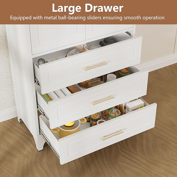 Kitchen Pantry Cabinet, 75" Tall Pantry Cabinet with Three Drawers, Freestanding Food Cupboard with Doors and Shelves, Metal Storage Cabinets for Dining, Living Room, White, Assembly Required-Ruum Studio Home