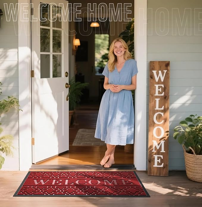Yimobra Welcome Mat Outdoor Indoor, All-Season Waterproof Front Door Mat Outside Entrance, All-Weather Heavy Duty Non-Slip Doormat, Low Profile Porch Patio Entrance Mats, 47x24, Red-Ruum Studio Home