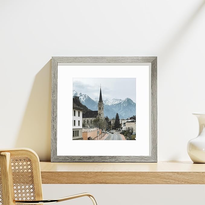 Vittanly 12x12 Picture Frames Set of 9, Shatter Resistant Plexiglass, Display 8x8 Pictures with Mat or 12x12 without Mat, Photo Frames for Wall Mount, Engineered Wood, Grey-Ruum Studio Home