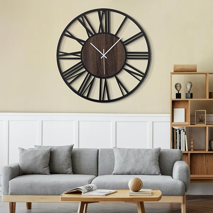 LEIKE 30" Oversized Large Wall Clocks,Silent,Non Ticking,Battery Operated Modern Round Big Wood Decorative Metal Wall Clock for Living Room, Bedroom,Kitchen,Farmhouse,Office Decor - Black,30 Inch-Ruum Studio Home