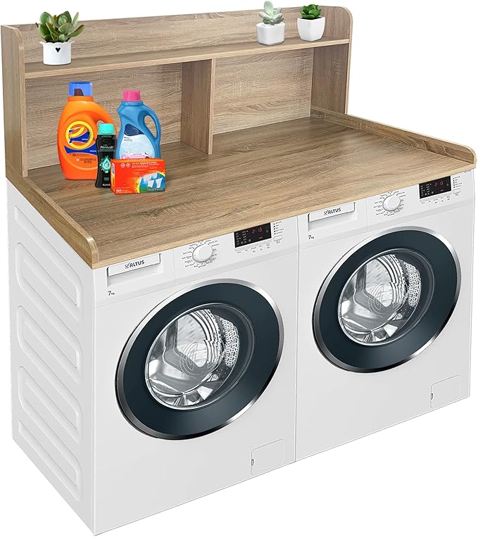 Royxen 2-Tier Washer Dryer Countertop,19.5"H Wood Washer and Dryer Topper with Shelf,Laundry Countertop Over Washer and Dryer, Universal Fit for Laundry Room Organization (White Oak, 54"W X 27.5"D)-Ruum Studio Home