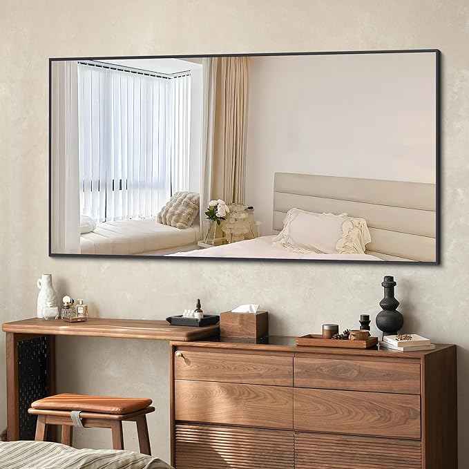 Black Bathroom Mirror for Wall, 55x30 Inch Rectangle Mirrors with Metal Frame, Modern Vanity Wall Mirror Decor for Bathroom Living Room, Entryway Hangs Horizontal or Vertical-Ruum Studio Home