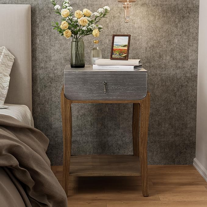 COSIEST Rustic Nightstand, 2-Tier Farmhouse Bedside Table, Wood Accent End Table with Storage Drawer and Open Display Shelf for Bedroom Nursery Living Room (Black & Silver)-Ruum Studio Home